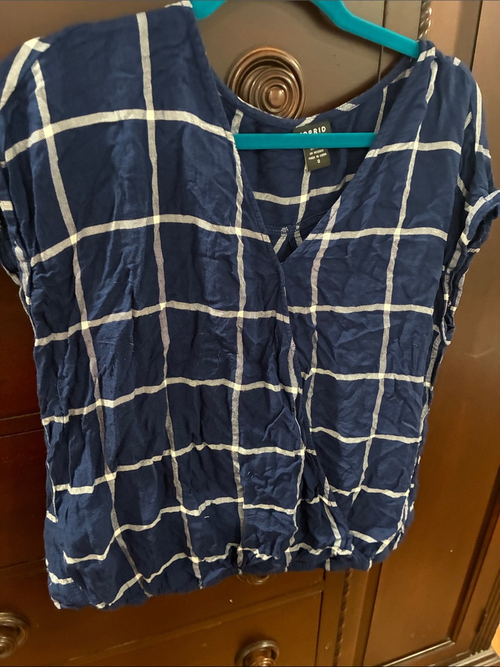 Torrid Navy and White Windowpane Short Sleeve Blouse